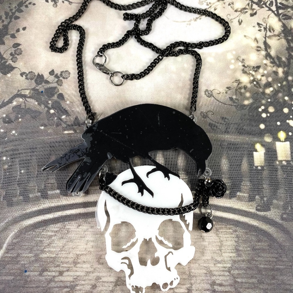 Killer Acrylic Skull and Raven necklace Goth Girl